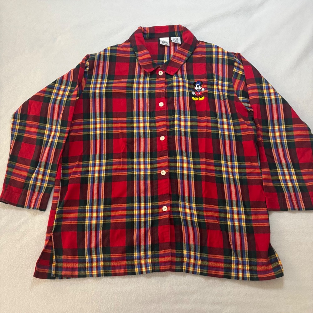 Disney Store Vintage Mickey Mouse Plaid Flannel Pajama Top Red Mens L/XL